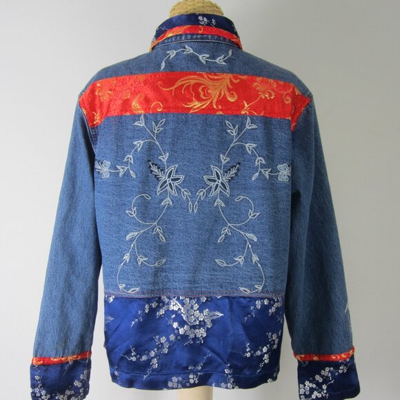 Vtg Chicos 1 Women M Blue Denim Jacket Red Gold Floral Embroidered Pewter Button - Picture 2 of 12
